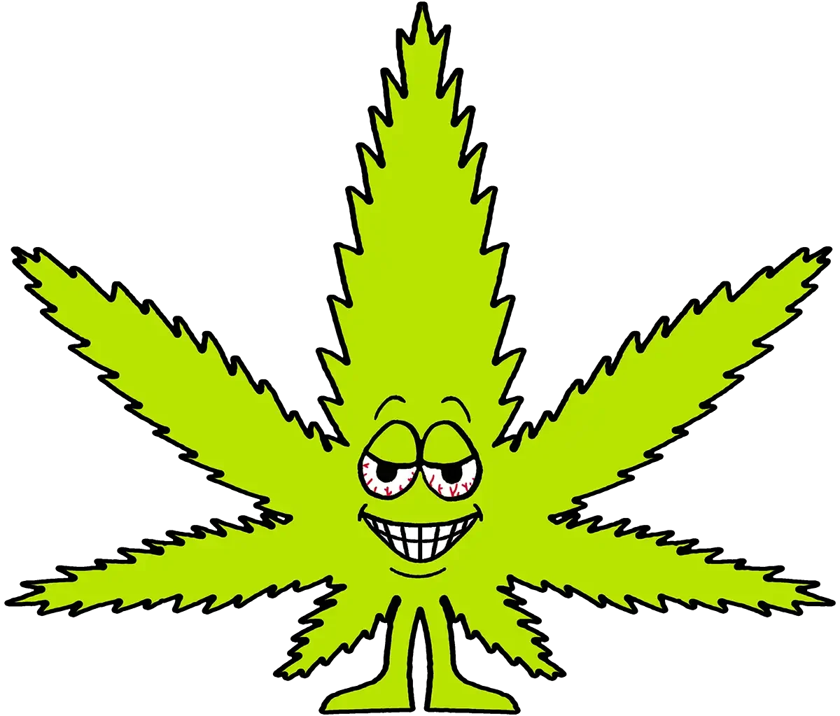 Flower Patch Cannabis - Graphic of a large green marijuana leaf that has a face and bloodshot eyes.