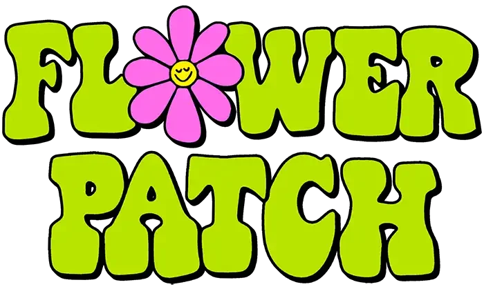 Flower Patch Cannabis - Graphic of the site logo with large green letters and a pink flower for the letter 'O' in the word 'Flower'.